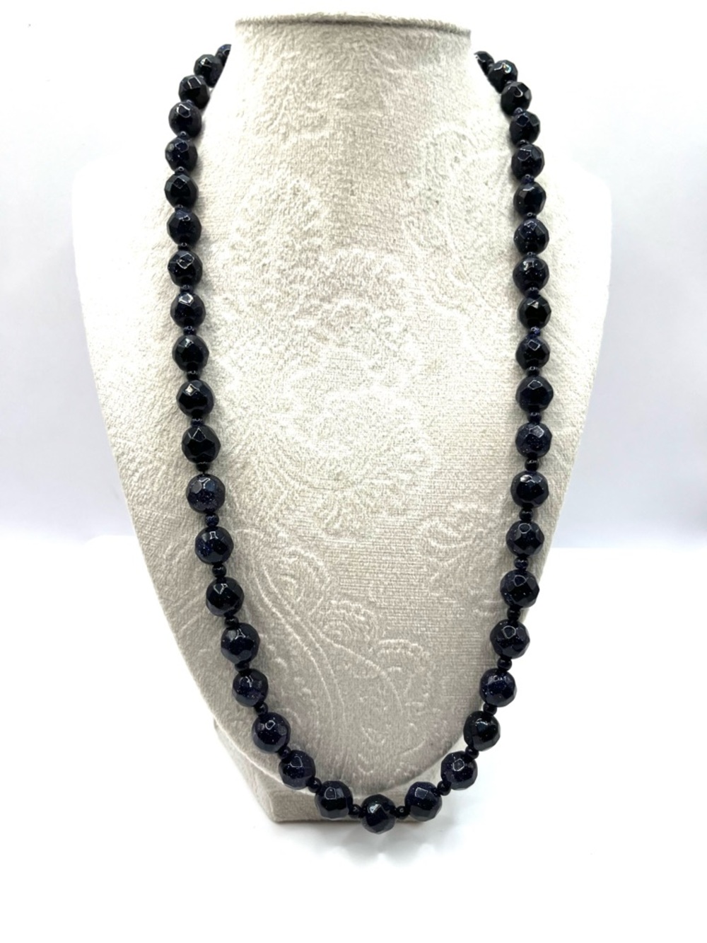 Vintage Goldstone Navy Blue Beaded Necklace 24” Glass Beads